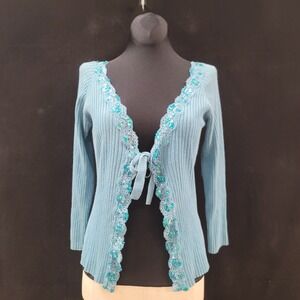 Vintage Pout Womens Tie Front Cardigan Size M‎ Sequins Blue Y2K Fairy Phoebe